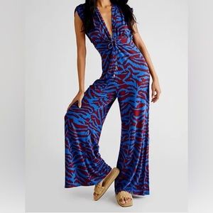 Free People Blue and Red Patterned Jumpsuit